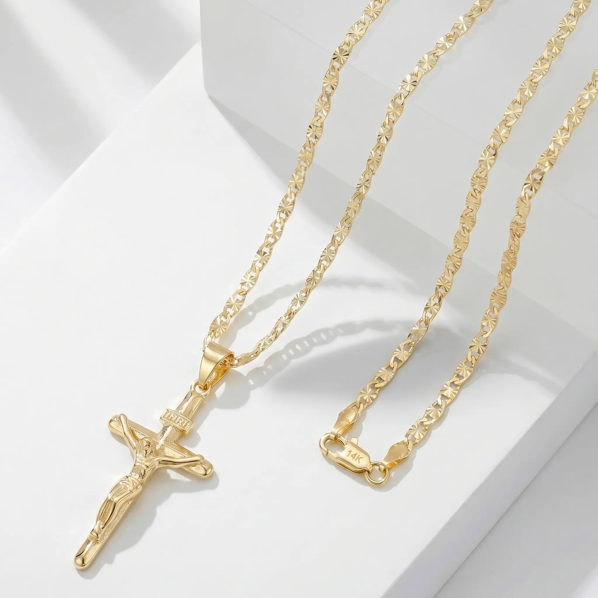 14K Gold-Plated INRI Crucifix Jesus Cross Necklace - Gold Aesthetic Long 23.62in Salerno Chain for Male Adults Daily Wear, Catholic Faith Gift for Baptism, Confirmation Jewelry