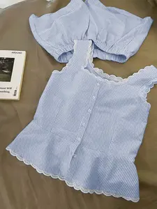 Women's Simple Striped Casual Set, Lace Trim Square Neck Vest with Shorts, Comfortable Daily Wear, Home Leisure