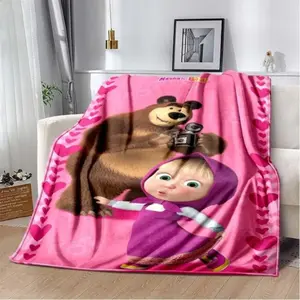 3D Masha and Bear Snuggly Flannel Plush Child Blanket, Cute Cartoon Print Single-Sided Kids Throw, Bedroom Nursery Bedding Decor, Ideal Gift for Gifting Occasions, Snuggly Blankets