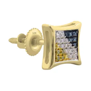 Dazzlingrock Collection 0.05 Cttw Round White, Blue and Yellow Diamond Square Shape Iced Unisex Stud Earring (Only 1Pc) in 10K Solid Yellow Gold, Screw Back