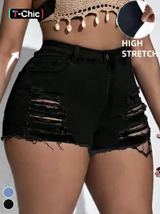 High Waist Stretch Plus Size Ripped Denim Hot Pants, Flirty Frayed Hem Shorts for a Stylish Look, All Season Comfort and Fit