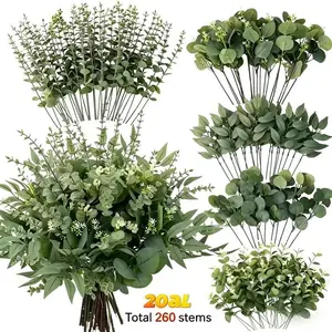 260 Artificial Mixed Eucalyptus Branches, 5 Types Realistic Greenery Leaves, Plants, Bulk Pack, Decorative, Ideal for Vases, Wedding Bouquets, Home Decor, Faux Floral Arrangements, DIY Bouquet Arrangement