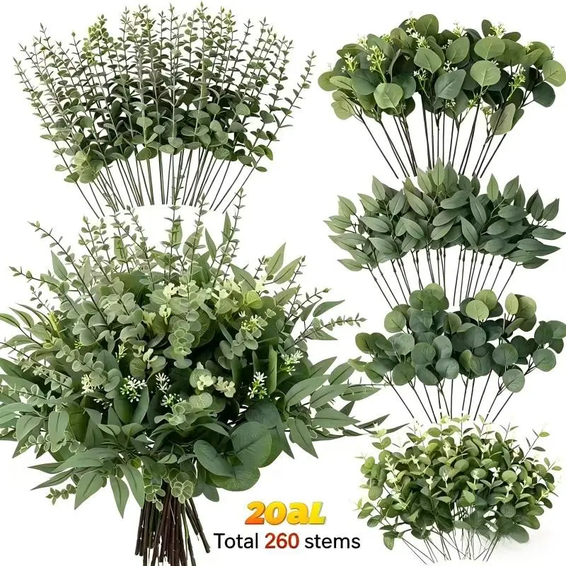 260 Artificial Mixed Eucalyptus Branches, 5 Types Realistic Greenery Leaves, Fake Plants, Bulk Pack, Decorative, Fake Plant Decoration, Ideal for Vases, Wedding Bouquets, Home Decor, Faux Floral Arrangements, DIY Bouquet Arrangement