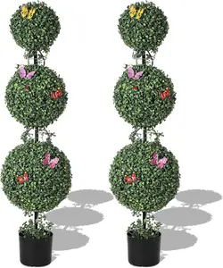 4 FT Artificial Triple Ball Topiary Trees with Pot 2 PCS Topiary Trees Artificial Outdoor with Moss Vine Insect Decor All Year Green Outdoor Faux Plants for Front Porch Home Decor Decoration Decorative Fruit Gift