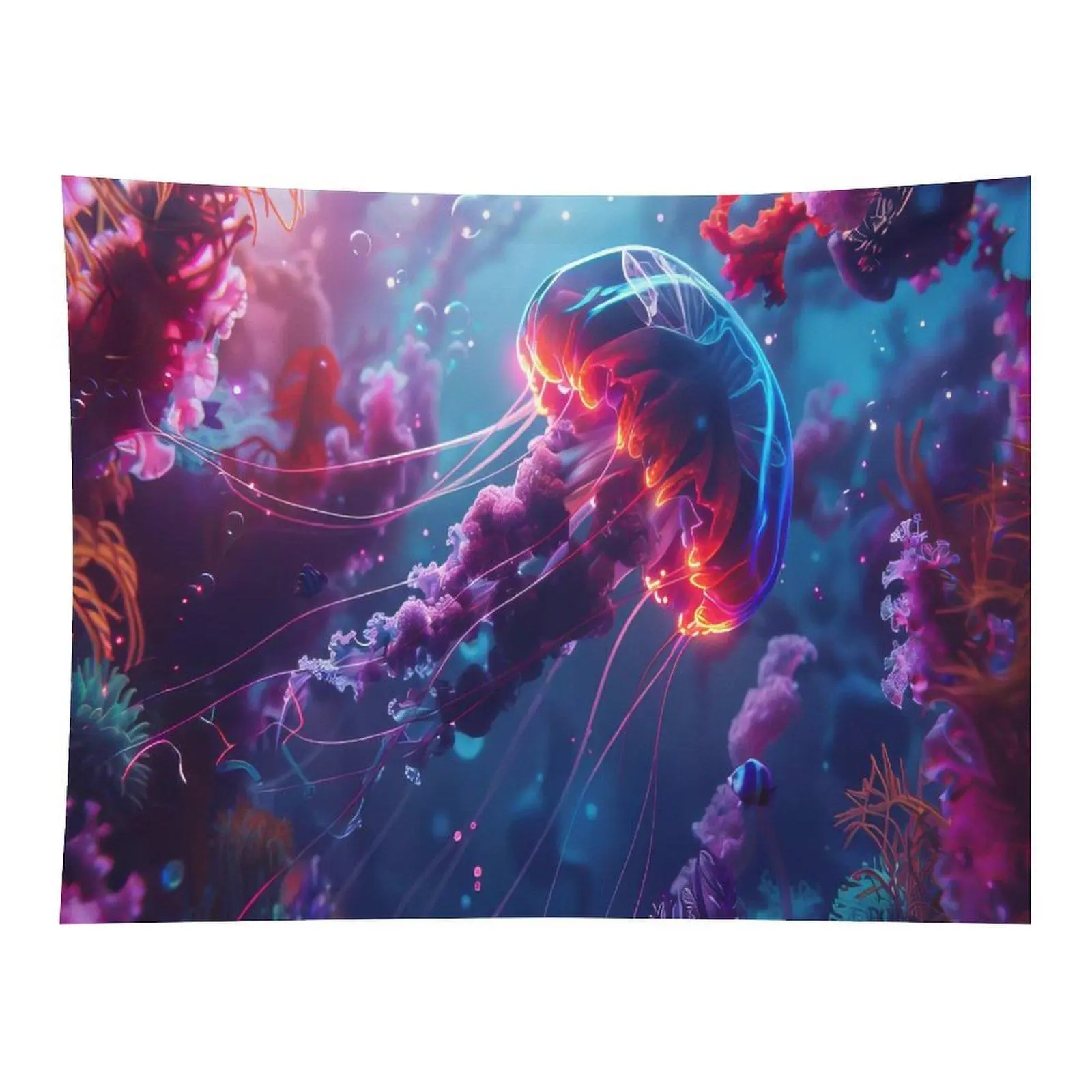 Neon Glowing Jellyfish Underwater Ocean Scene Wall Tapestry, Vivid Colorful Coral Bubbles Aquatic Fantasy Art for Bedroom Dorm Home Wall Decor