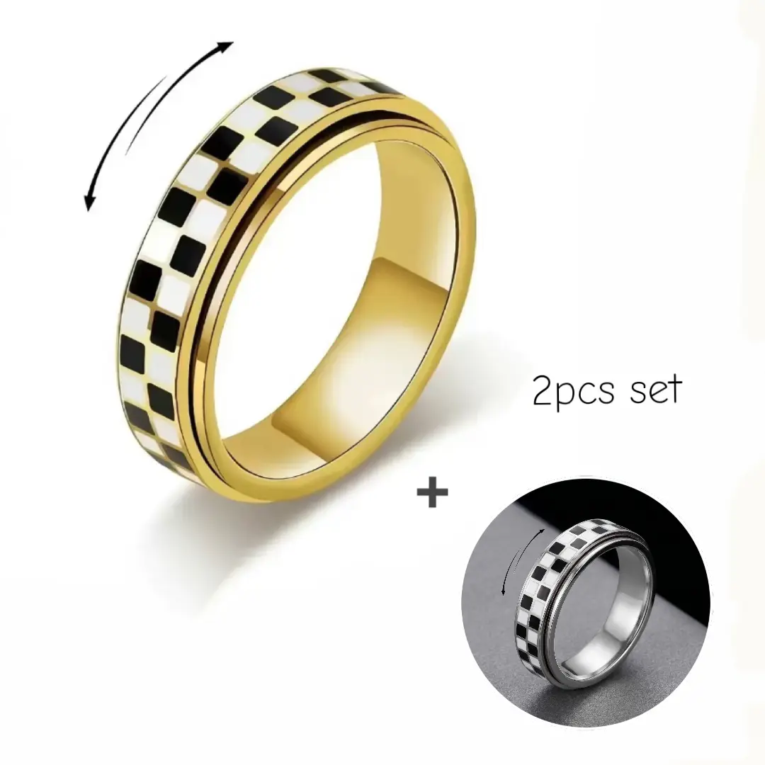 2Pcs Checkered Fidget Spinner Rings Set for Adults, Gold Silver Stainless Steel Checkerboard Band Rings for Men Women, Rotating Stress Relief Geometric Couple Jewelry Gift
