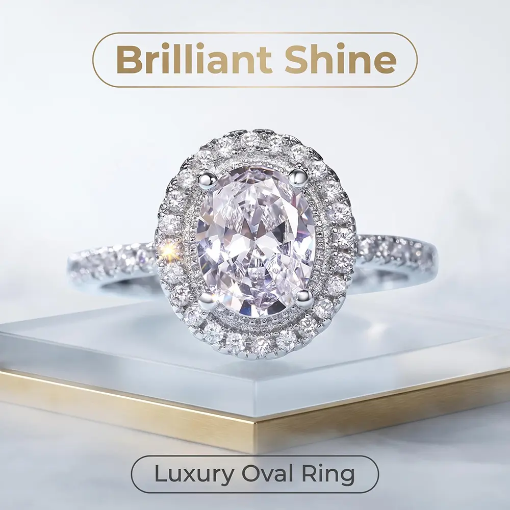 Elegant Copper Engagement Ring for Women, Geometric Double Halo with Oval Pavé Cubic Zirconia, Anniversary Gifts for Women, Bridal Jewelry, Luxurious Promise, Copper Base, Oval Center