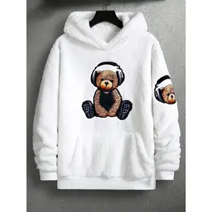 Men'S Cozy Fleece-Lined Hoodie with Adorable Bear & Headphones Graphic - Casual Long Sleeve Pullover for Fall/Winter, Black with White Hood, Perfect for Outdoor Activities & Casual Attire, Winter Hoodie, Thick
