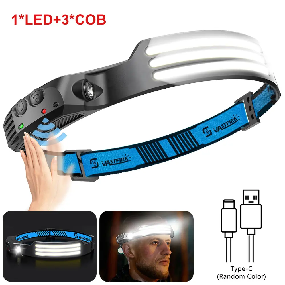 Head Lamp Led Rechargeable 5 Modes 1*LED+3*COB White Lights 230° Lighting Width Motion Sensor Red Tail Light For Camping Fishing Running Repairation, LED-Headlamp Rechargeable Light brightest cabeza usb ultra-light lumen bright portable search