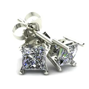 .75Ct Square Princess Cut Natural Diamond Stud Earrings in 14K Gold Basket Setting