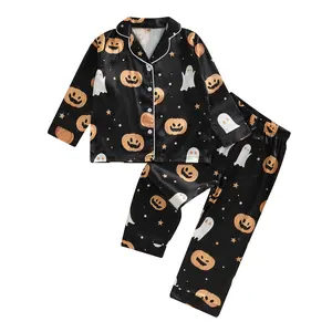 REDWOON Kids Boys Pajamas Baby Short/Long Sleeve Pumpkin Ghost Print Button Down Tops Pants Satin Silk Toddler Halloween Pajamas