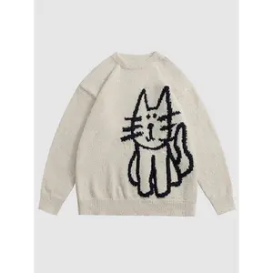 Men's Cartoon Cat Print Crewneck Graphic Sweater, Valentine's Day Gift for Men, Loose Casual Streetwear Longsleeves Knitted Sweater Jumper for Fall Winter Menswear, Streetwear Y2K Tops Knitwear Aesthetic Garment Heart