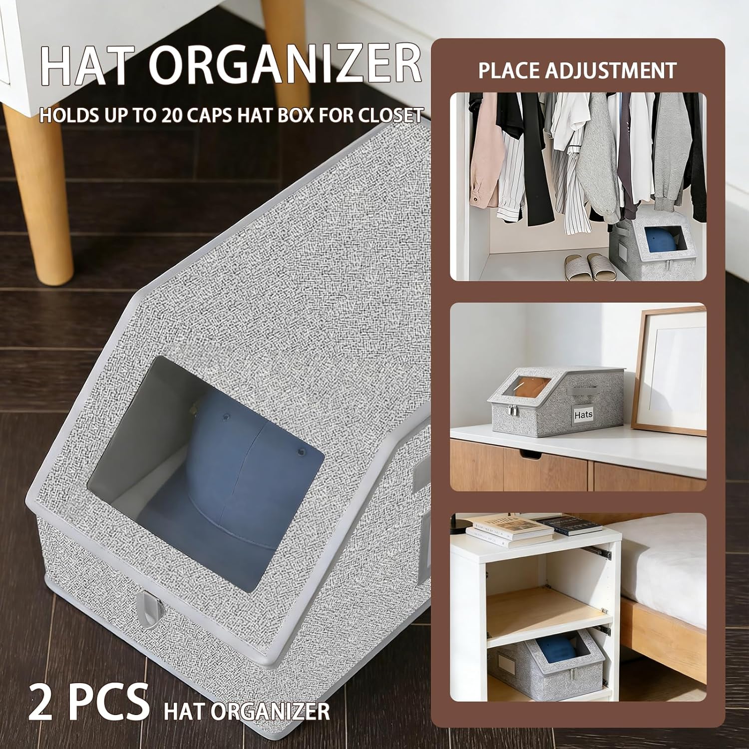 Transparent Stackable Cap Display Case, Dustproof Hat Storage Organizer with Cardboard Insert & Window, Modular Dad Hat Holder, Space-Saving Closet Slide for Men (Grey, Multiple Options Available), Box