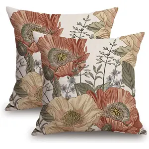 Flower Throw Pillow Covers 18x18 Brown Rust Colored Floral Botanical Pattern Decorative Pillows Outdoor Linen Farmhouse Cushion Case Country Pillowcase for Sofa Bed Room Decor Set of 2