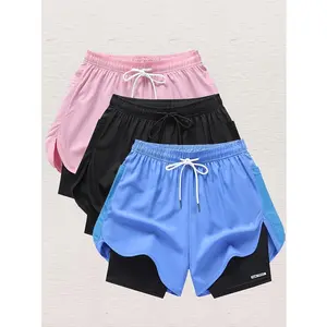 3pcsWomen'sHigh-ElasticityBreathableAthleticShorts-Double-LayerMeshSummerRunningYogaCyclingShortswithElasticWaist&Drawstring,Lightweight5-InchShortsin3Colors(Black/Purple/Teal),SolidColorDesign,DuallayerDesignActivewear