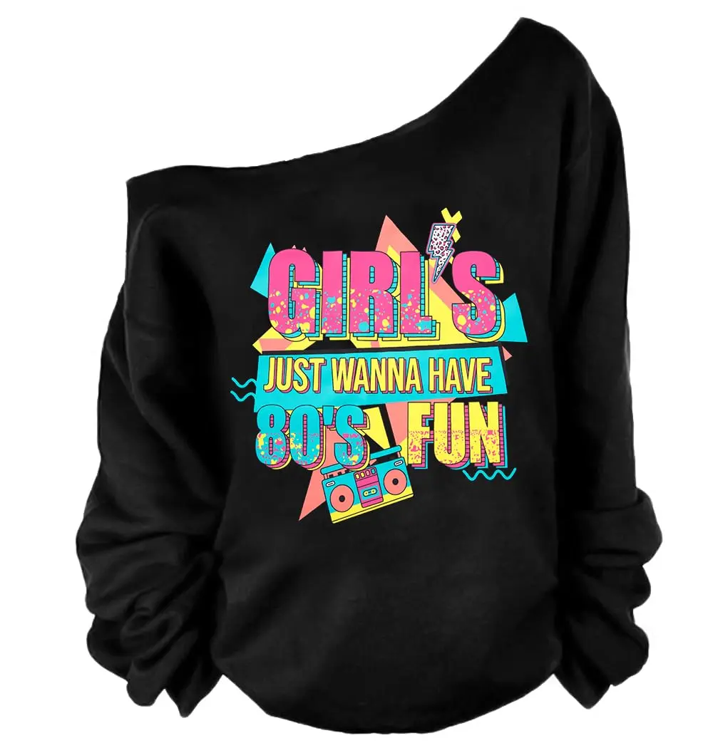 Women's 80s & 90s Fashion 80s-Themed Party Long-Sleeve Shirt 90s Off-Shoulder Hoodie Retro Neon Disco Pullover summerwins Casual Graphic