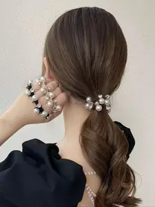 Elegant Pearl Rhinestone Hair Ties for Women, High Elasticity Durable Rubber Bands, Perfect for Ponytails, Pack of 3, All Seasons Wear, Fashion Hair Accessories