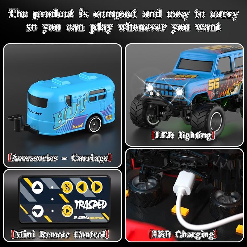 Mini RC Truck 1:64 Scale Monster Truck Remote Control Car with Lights 2.4 GHz Mini Alloy Remote Control Adjustable Speed and Steering Red Blue Green Compact On-the-Go Design
