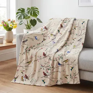Spring Summer Flannel Blanket Throw, Birds Branch Biege Floral Soft Fuzzy Plush Cozy Fleece Blankets for Couch Sofa Bed Lounging, Ideal Gifts for Kids Adults