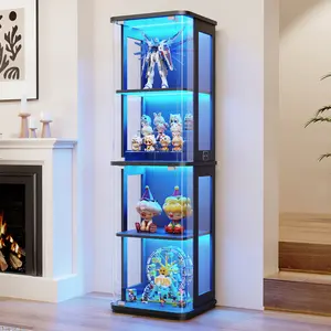 MIIFUNY Rounded Display Cabinet with Glass Door, 4-Tier Curio Cabinet with 3 Color Lights for Collectibles, Glass Display Case with Transparent Full-Display Surface, Human Body Sensor, Black