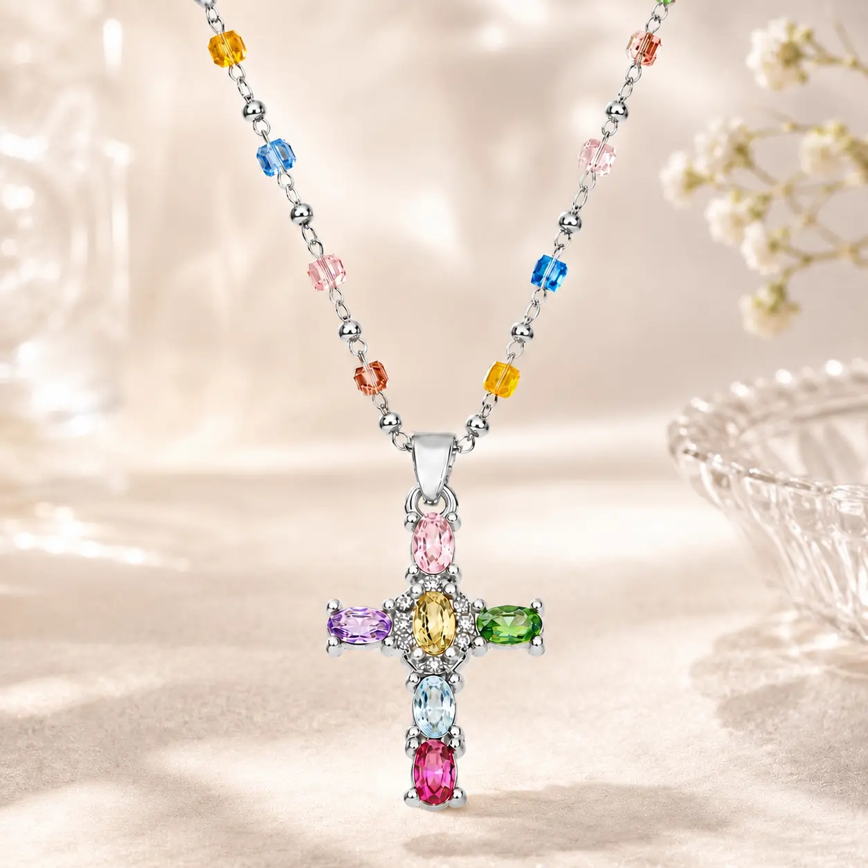 Women's Dainty Faith Cross Beaded Necklace - Rainbow Christian Charm Pendant with Silver-Tone Colored Chains, Colored Crystal Accessories, Gift for Her, Beaded Necklaces, Colored Chains Necklaces