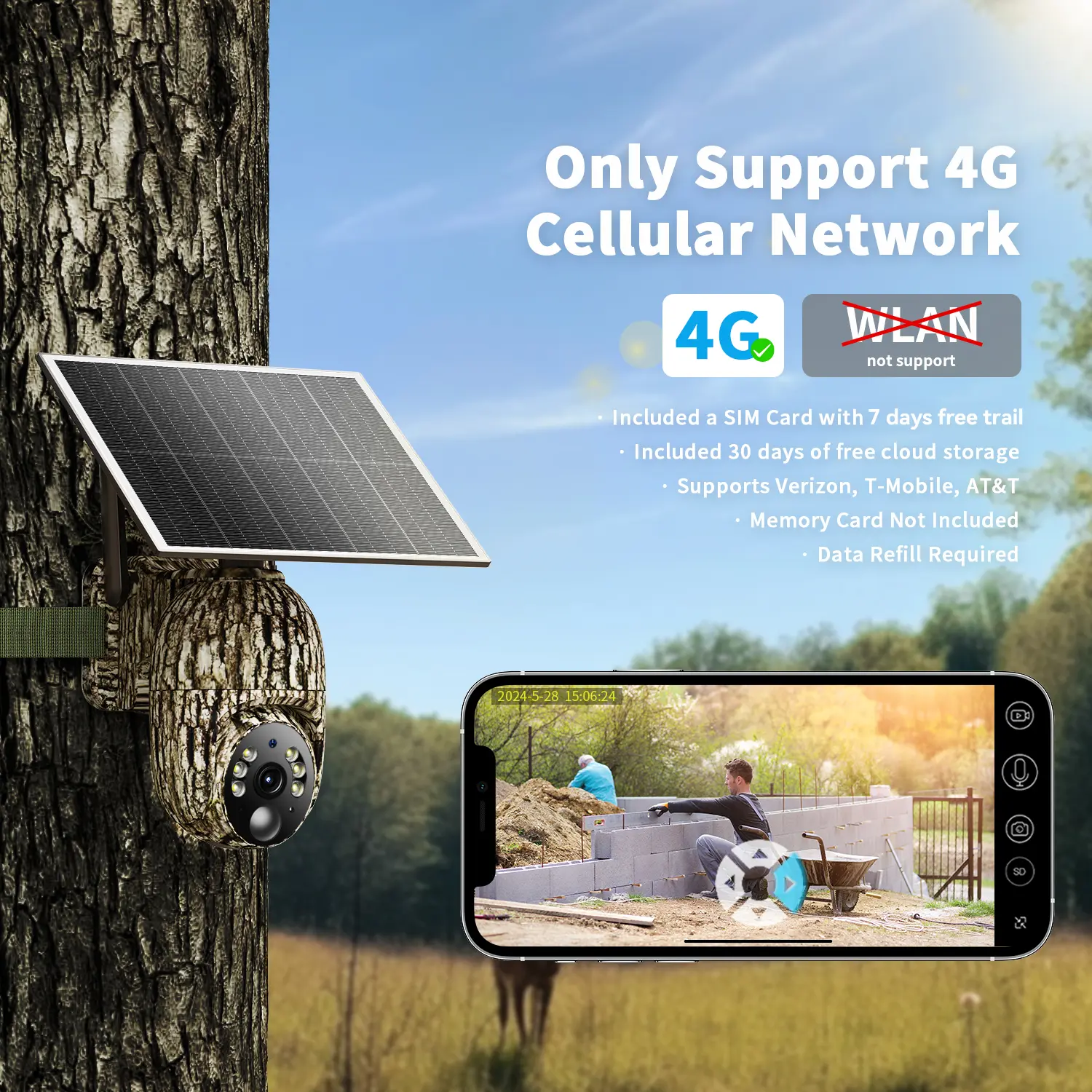 [SummerWins]4G LTE Solar-Powered Security Camera – 2K HD Live View 360° Coverage, No WiFi Needed, Remote APP Access, Weatherproof, Motion Detection, Night Vision, Includes 4G Data Card (Refill Required for Data)