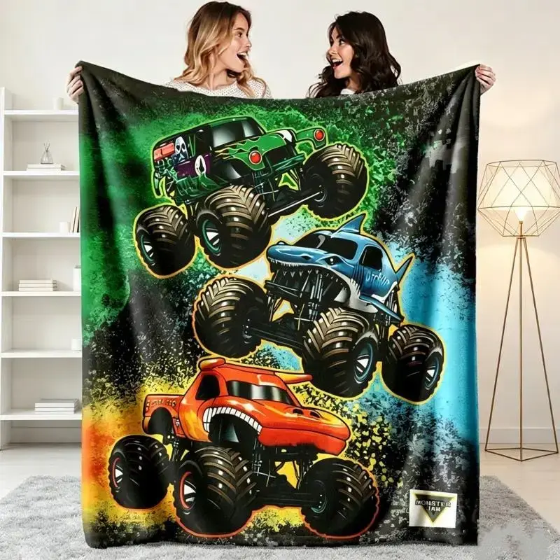 Cozy Monster Truck Flannel Blanket, Cool Racing Car Bedding for Boys Bedroom, Ultra Soft Polyester Fiber Throw Blanket for Kids Bed Sofa, Gamer Sports Room Decor, All-Season Warm Nap Gift