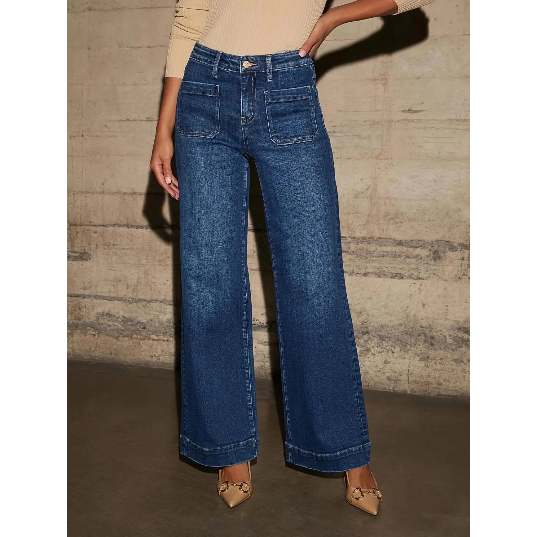 Women's High Waisted Stretchy Denim Jeans for Women - Tummy Control, Wide Leg Bottoms, Front Pockets