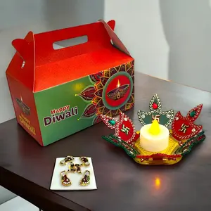 Exquisite Diwali Gift Hamper | Acrylic Rangoli & Lakshmi Feet Set | Elegant Festival Offering | Ideal for Family & Friends, Box, Metallic, Boxes, Gable Box