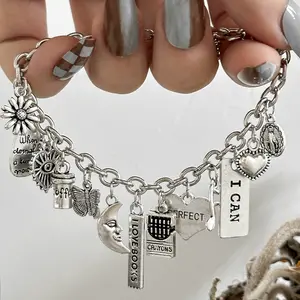 Women's Antique Silver Charm Bracelet - Vintage Multi-Charm Statement Link Bangle with Boho Butterfly, Coffee Book, Musical Note Pendants, Inspirational "I CAN" Costume Jewelry Gift men stainless steel