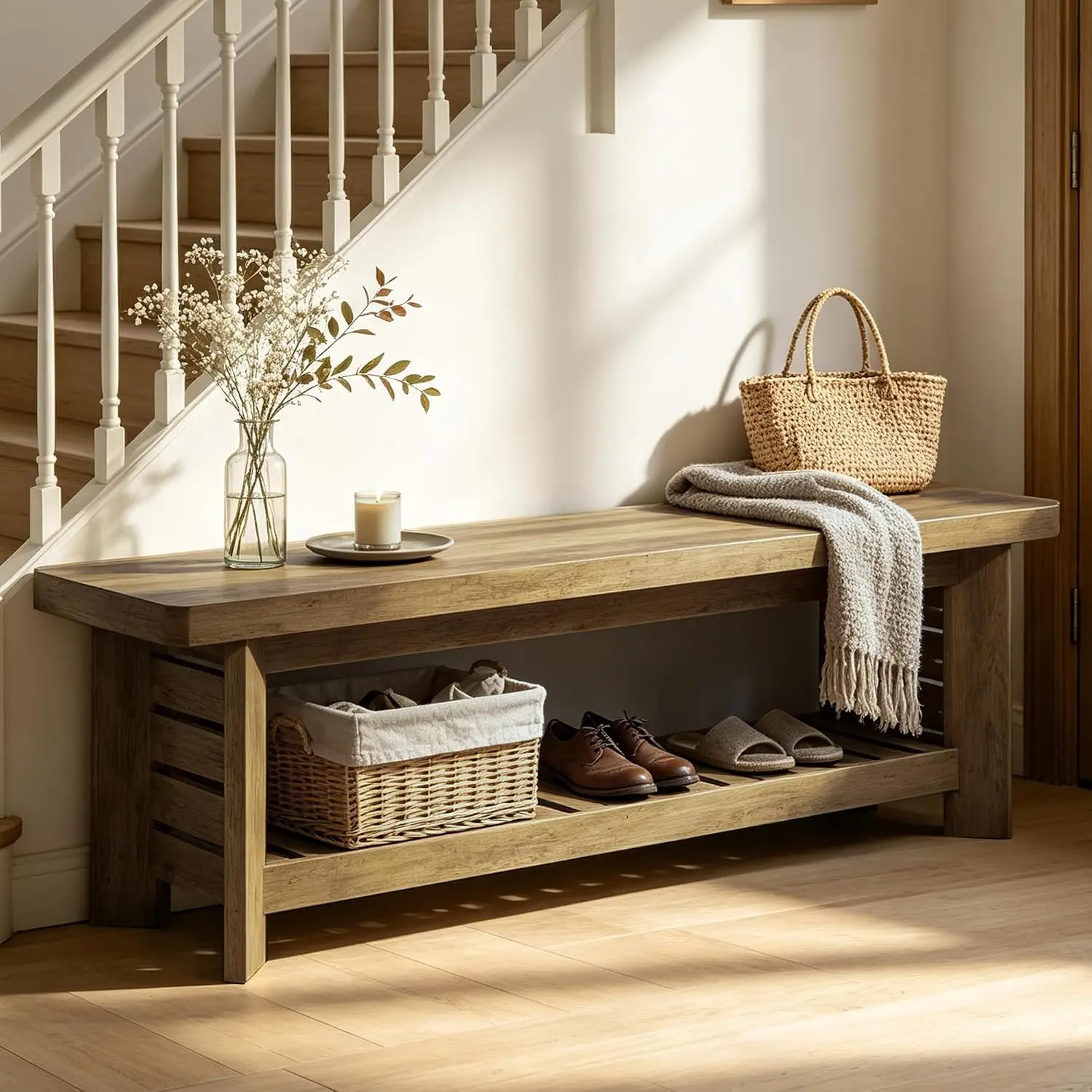 63" Entry Way Bench, Long Wood Entryway Benches for Dining Room Bedroom, Farmhouse Indoor Shoe Storage Bench Seat, Rustic Brown Rectangular Sitting Table for Hallway, Foyer, End of Bed, Kitchen