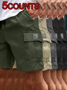 5pcs Men's Casual Athletic Cargo Shorts with Adjustable Drawstring Waist, Multiple Pockets, Durable Non-stretch Fabric, Perfect for Everyday Wear, Activewear, Sportswear, Polyester, Athletic Running Shorts