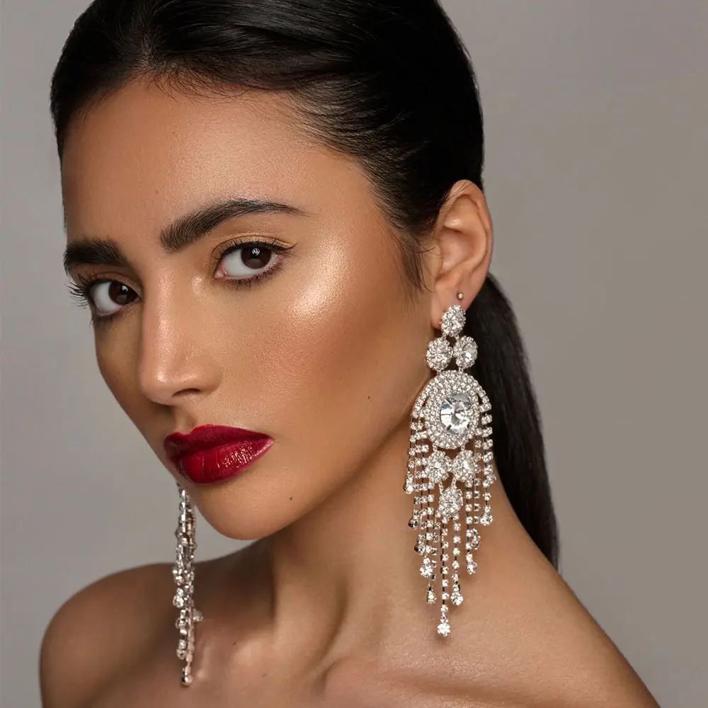 Women's Exaggerated-Style Gold Plated & Silver Plated Copper Claw Chain Costume Earrings - Multicolored Rhinestone, Tassel Design, 31.3g Female Fashion Jewelry Accessories