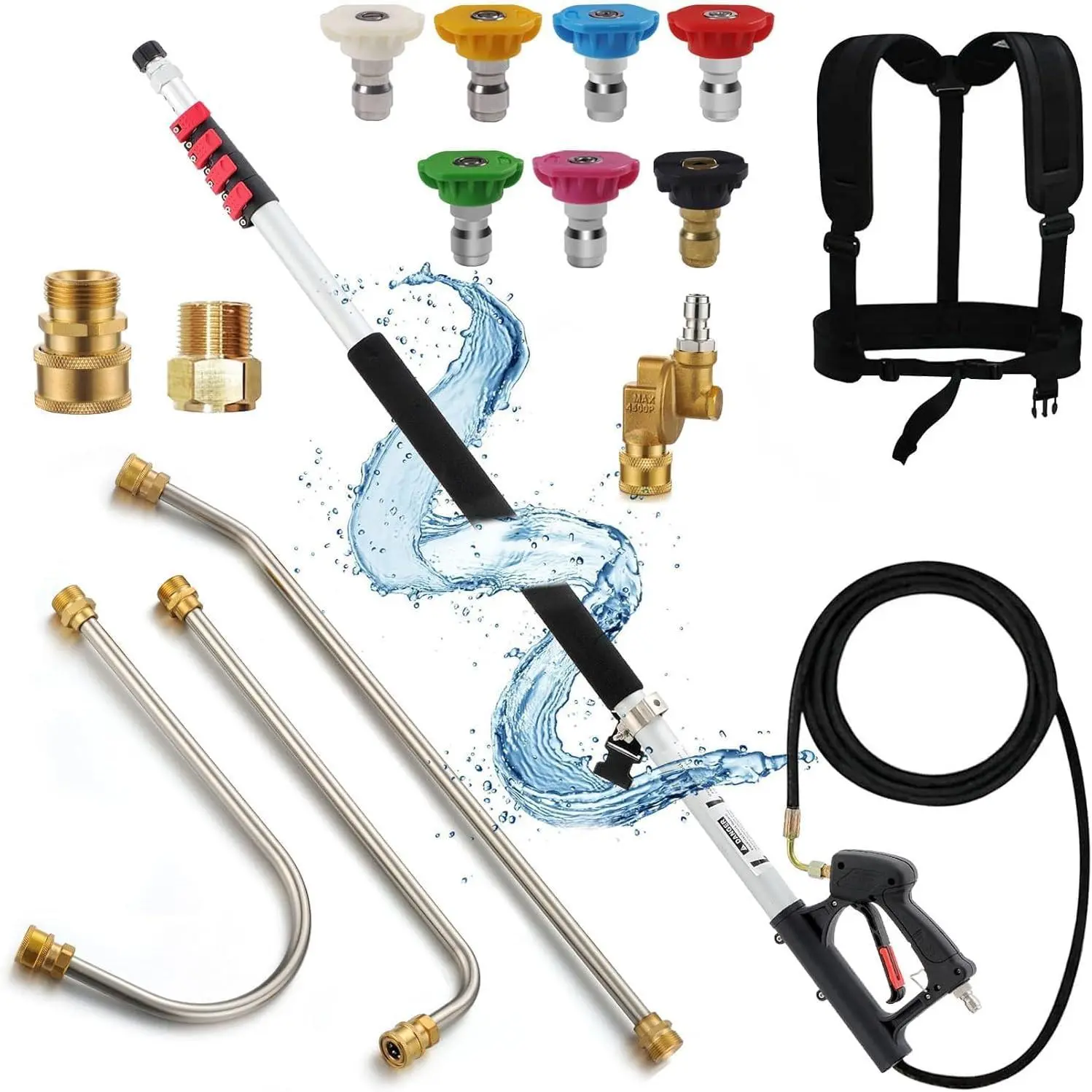 24 FT Aluminum Pressure Washer Extension Wand Kit for Garden, Lawn, Patio – 2 Extension Wands, Gutter Cleaner Attachment, 7 Spray Nozzle Tips, 2 Hose Inlet Adapters, Pivoting Coupler, Support Belt