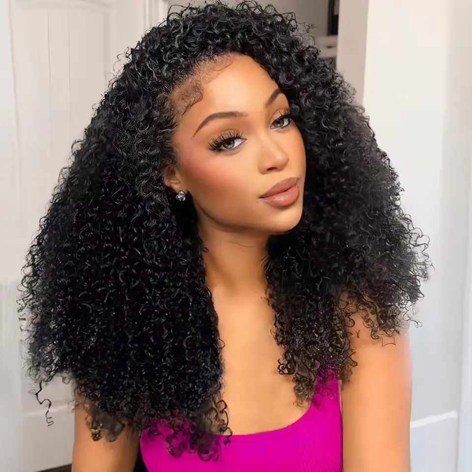 Anyweek Kinky Curly Half Wig Human Hair 200 Density Wear and Go Glueless Wigs 3 In 1 Drawstring Seamless Flip Over Curly Half Wigs for Women Headband Wig Human Hair Beginner Friendly Natural Black