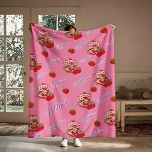 Personalized Strawberry Flannel Blanket, Soft Cozy Warm Nap Blanket, Personalized Kids Girls Gift Blanket, Lightweight Breathable Throw for Bed Sofa Travel, Home Decor Blanket