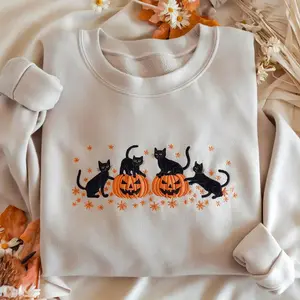 Embroidered Halloween black cat sweatshirt, pumpkin autumn sweater, Halloween round neck, cute autumn horror season, bat T-shirt, cat love giftRAIMENTRY