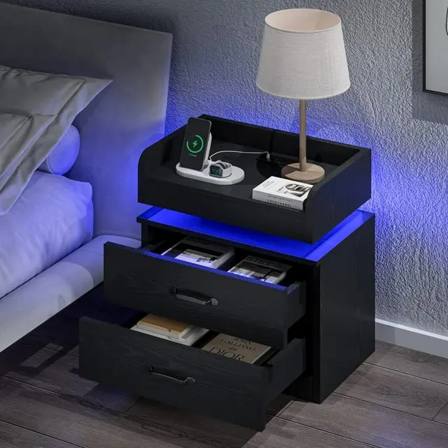 [SummerSale] HOMBCK LED Nightstand with Charging Station, Modern Black Night Stand  Storage Drawers, End Side Table for Living Room #home essentials#back to school