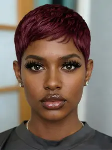 pixie wig short straight layered human hair wig for women natural black color  pixie cut human hair wigs brown burgundy machine made daily party cosplay gift use