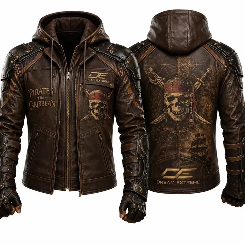 Dream Extreme Men's Blue Leather Hooded Biker Jacket with Dragon Embroidery and Zip Closure