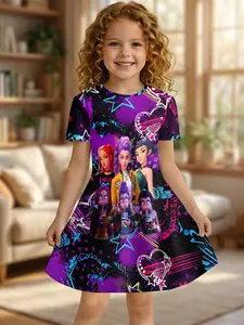 Cartoon Anime Print Girls' Dress, Round Neck Short Sleeve Casual One-Piece, Knee Length Fitted Style, Fashion Print Dress, Summer Cute Dresses