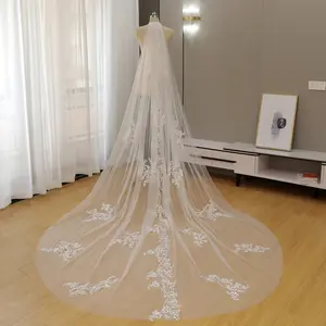 Ivory Cathedral Wedding Veil with Symmetrical Vine Lace & Scattered Floral Accents