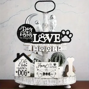 Dog Themed Wooden Layered Tray Decor Set, Rustic Farmhouse Design, 1 Set Paw Print & Letter Pattern Desktop Ornament, Indoor/Outdoor Table Centerpiece, Home Decor, Wooden Decor Plaque