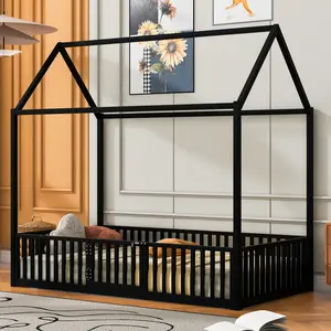 [Bellemave]Twin/Full  Size Metal House Bed with Fence and Door, Black