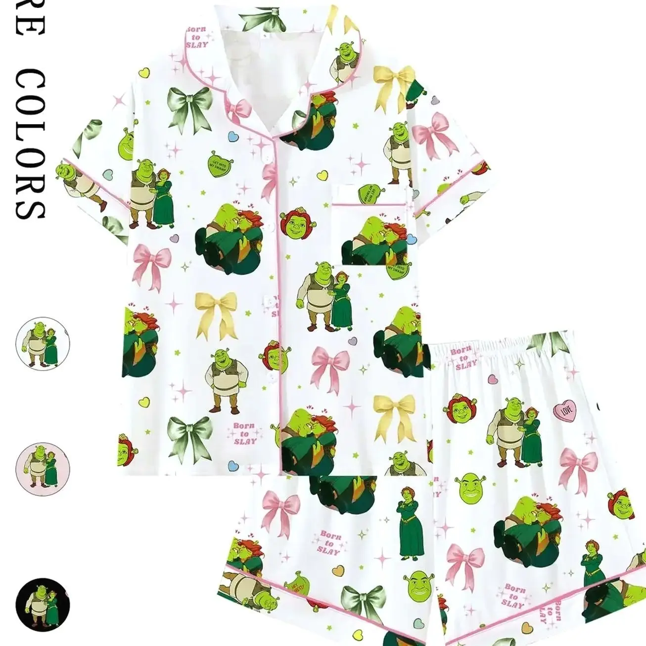 Shrek Movie Cartoon Print Cute Bow Collar Short Sleeve Pajama Set, Comfortable Sleepwear for All Seasons, Princess Fiona Gift, Loose-Fitting Loungewear, Pyjamas, Pjs, Homewear, Everyday, Pajamas Sets