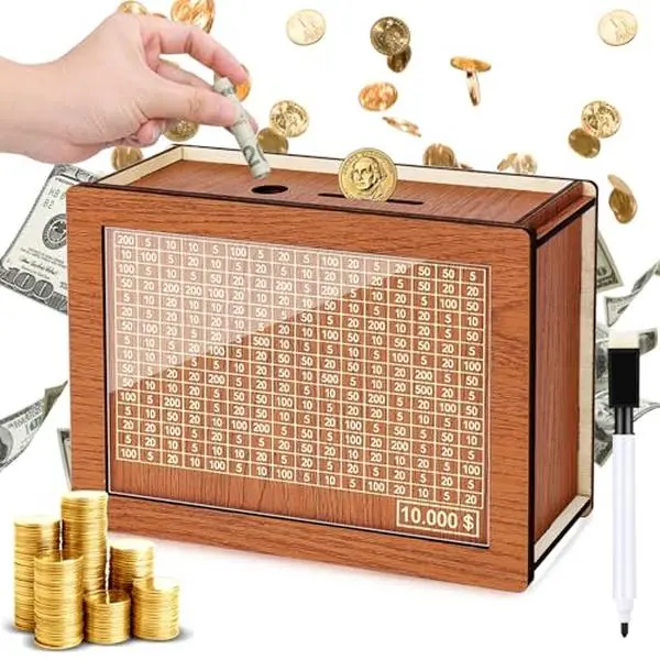 Wooden Money storage jar Money Bank, Countdown Money Saving Box with 10000 Dollars Target, Money storage jar with Money Target and Numbers to Check for Boys Girls (10000 USD) #summervibes