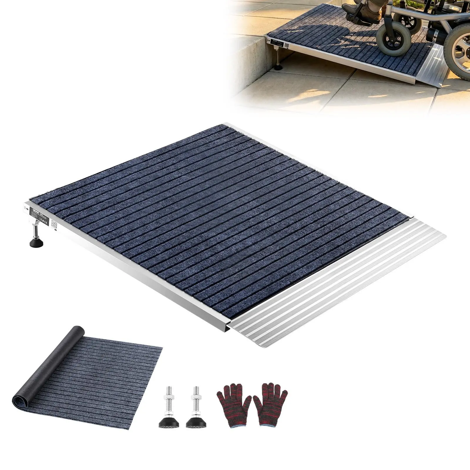 VEVOR Threshold Ramp for Doorways, 36 x 36 in, Platform Aluminum Wheelchair Ramp with Adjustable Height, Non-Slip Door Threshold Ramps, 700 lbs Load Capacity, for Home Steps, Wheelchairs, Walkers