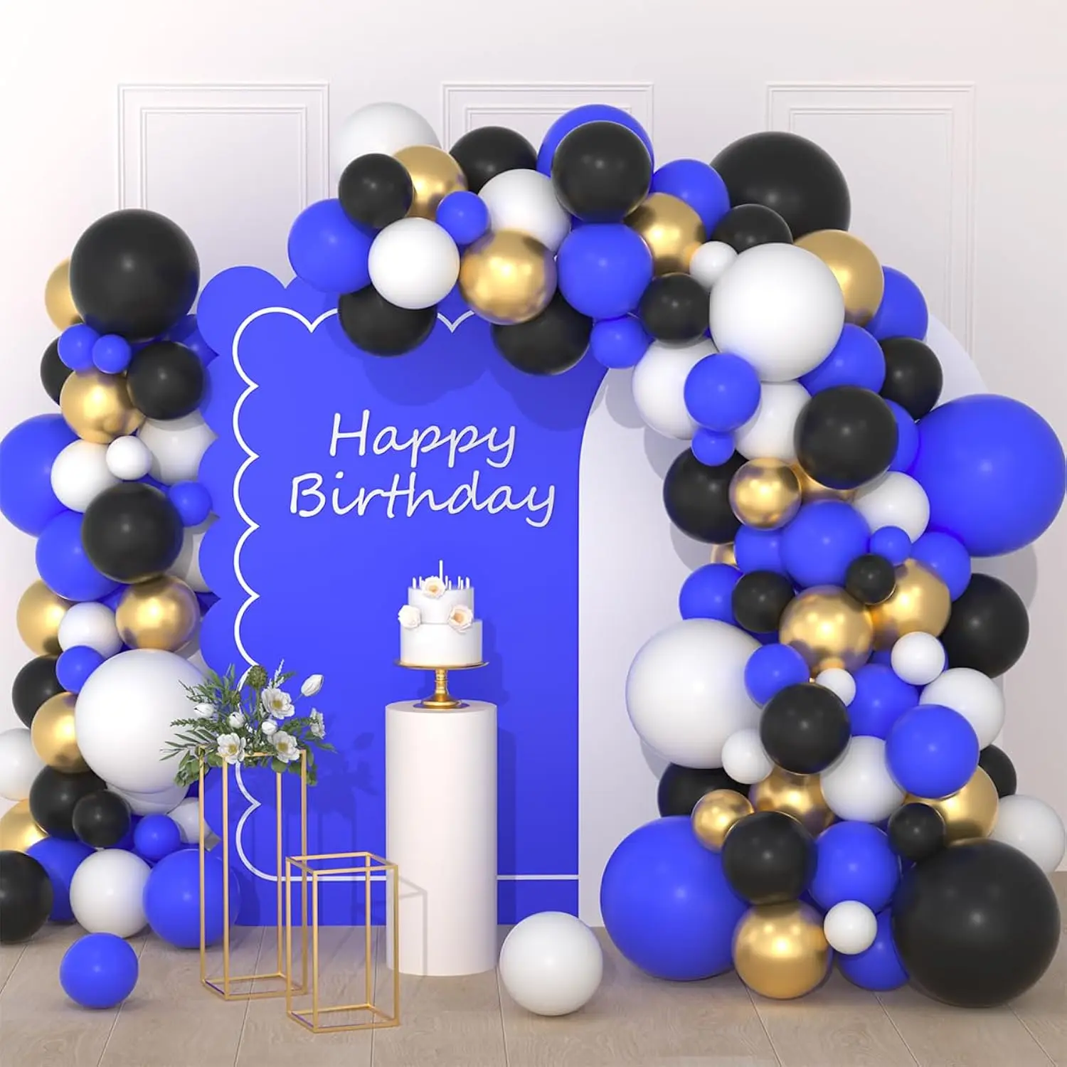 Blue Black Gold Balloon Garland Kit with White Balloons for Birthday Graduation Party Decor