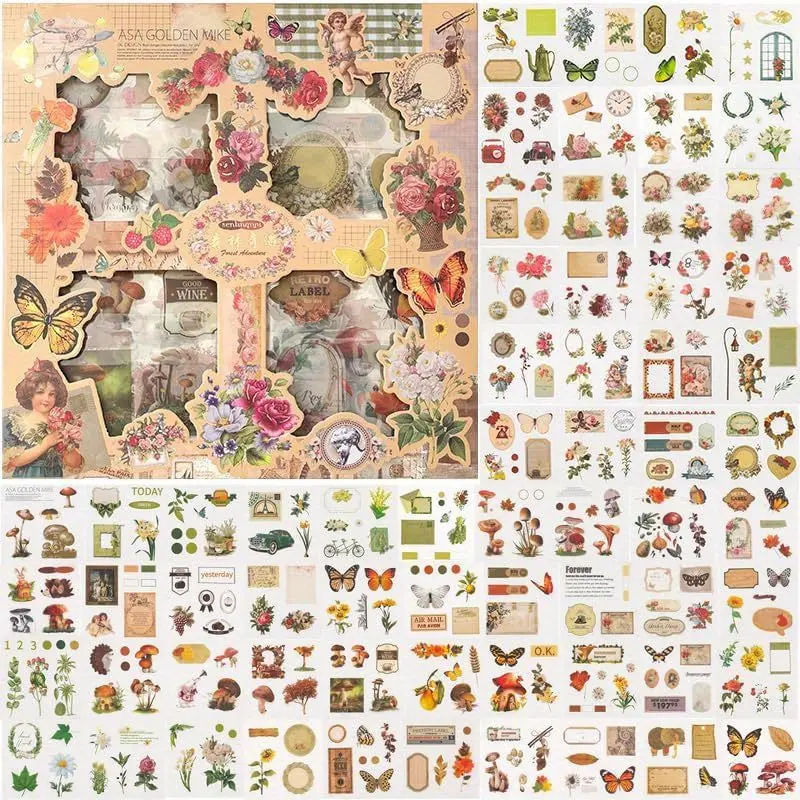 Vintage Charm Transparent Square Stickers Packs - 100 PET Sheets, 500 Unique Rich-Color Artistic Designs, Office Stationery Labels for DIY Crafts, Events & Decor, Journaling