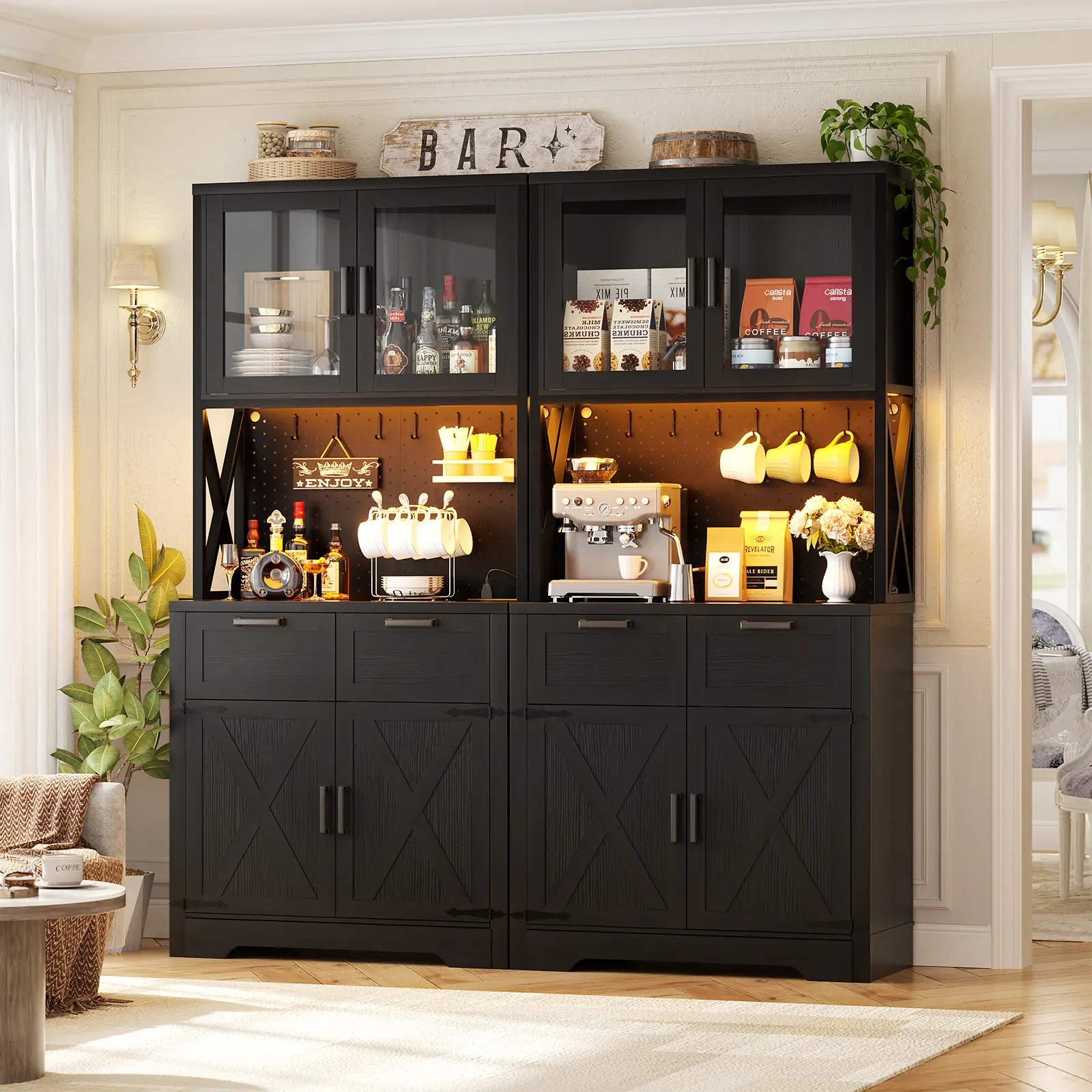 Unikito Pantry Cabinet with Charging Station, Adjustable LED Lights, Glass Door Display, 2 Drawers, Adjustable Shelf, Farmhouse Storage Cabinet for Kitchen, Dining Room, Living Room